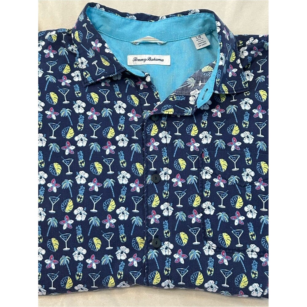 Tommy Bahama Martini Tasso Camp Shirt Mens L Blue Lyocell Cotton Tropical Beach